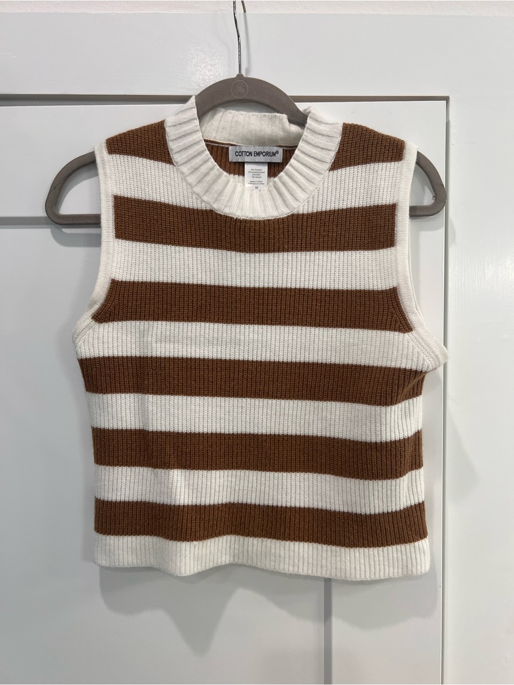 Cotton Emporium Cream and Brown Striped Sleeveless Knit Shell